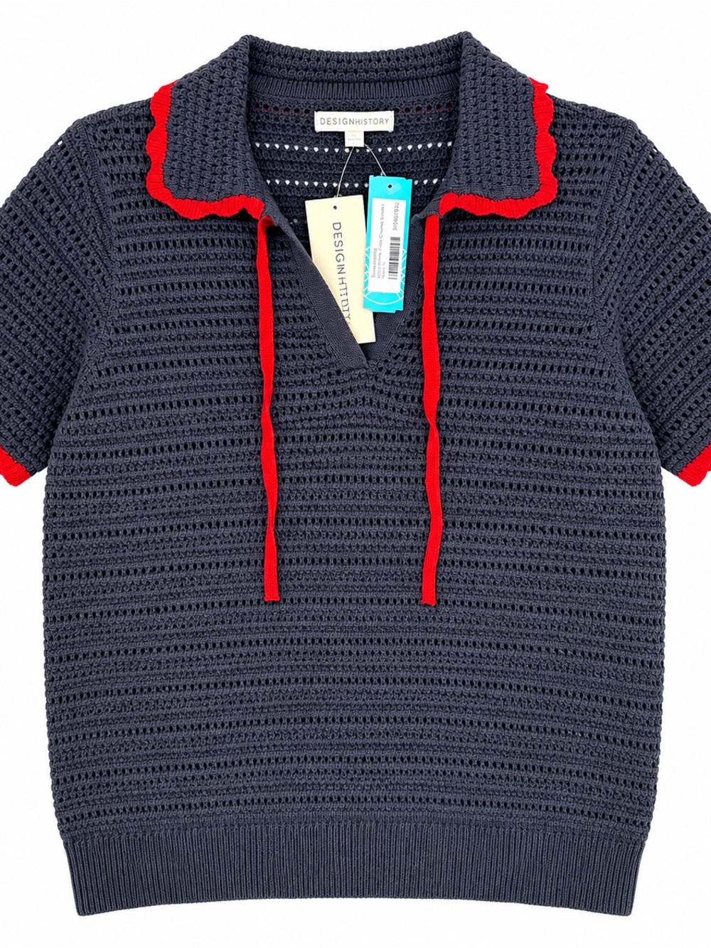 Design History Navy Knit Polo Top with Red Trim and Drawstrings